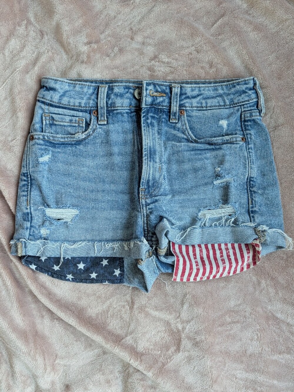 Distressed Denim Shorts with Flag Accent - Blue - 2
